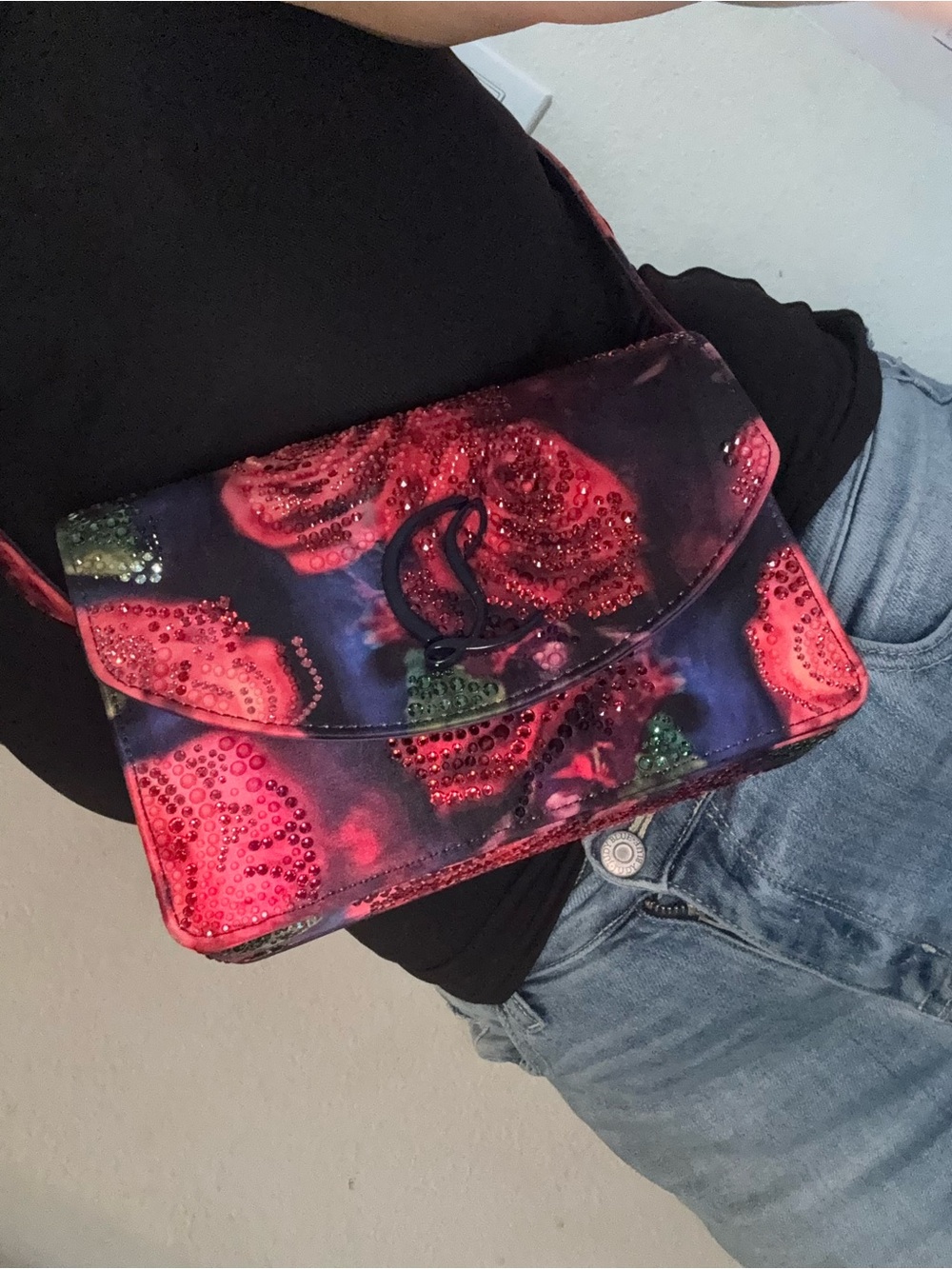 Christian Louboutin Loubi54 Rose Print Strass Satin Crossbody Bag ✅authentic✅ - Picture 9 of 14